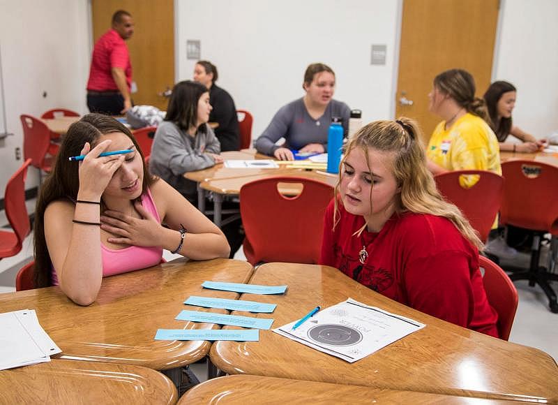 Taylor Collins, 17, a senior, left, and Chloe Nelson, 14, a freshman, take part in a teen antiviolence and healthy relationship program called Power at Carlisle High School in Warren County, on Aug. 24, 2021. It’s a teen dating violence and healthy relationships course led by Holly Smith, a community prevention coordinator with the Abuse and Rape Crisis Shelter. LIZ DUFOUR/THE ENQUIRER